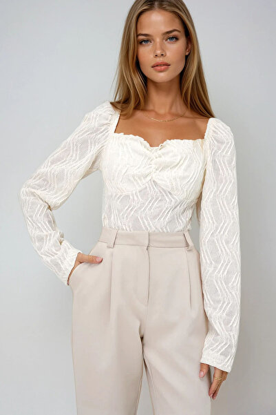 VAGGON Women's Vanilla Square Neck Front Gathered Princess Sleeve Print Blouse Prmx13366