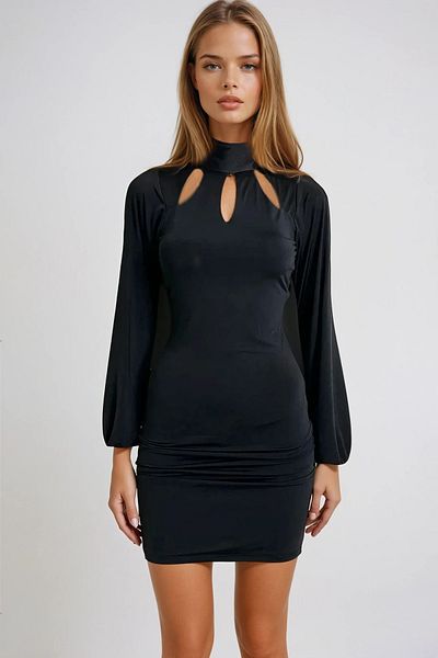 VAGGON Women's Black Stand Collar Window Detailed Backless Sandy Mini Dress Prmx13303