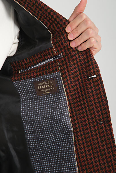 Frappoli Parcessi Erkek Kahve Kazayağı Desenli Slim Fit Dar Kesim Esnemeyen Kumaş Blazer Ceket