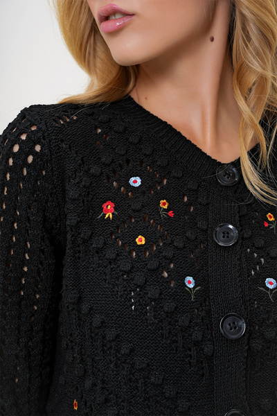 VAGGON Women's Black Crew Neck, Openwork and Embroidered Knitwear Cardigan