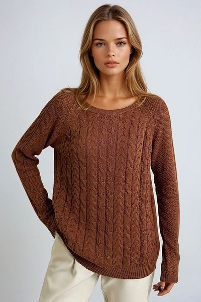 VAGGON Women's Tile Crew Neck Hair Knit Patterned Knitwear Sweater Prmx13312
