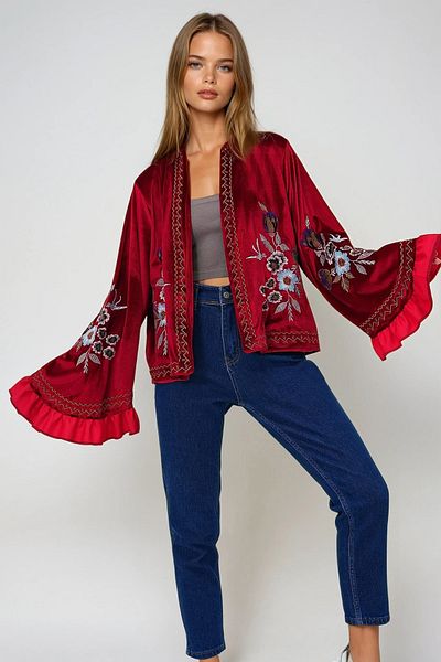 VAGGON Women's Red Velvet Embroidered Carmen Jacket Prmx13359