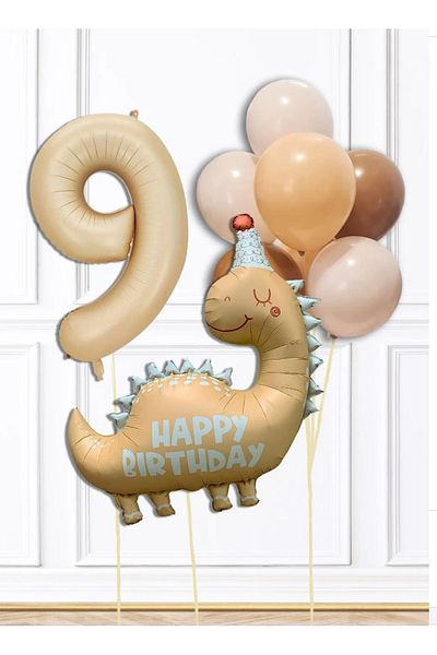 Çemrek Süs Parti Cream Dinosaur and Number Foil Balloon Set 12 Pieces