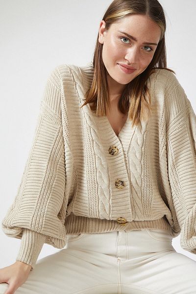 TRQOM Γυναικεία πλεκτή μπαλόνι μανίκι Casual Cream Πλεκτή Ζακέτα