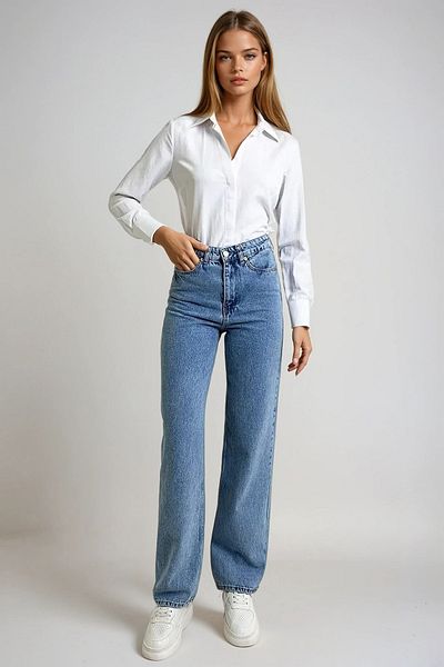 VAGGON Pantaloni de damă, albastru gheață, cu talie înaltă, spălați, pantaloni Palazzo Jean Prmx13306