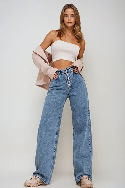 VAGGON Pantaloni de damă, albaștri, cu talie înaltă, cu 5 nasturi, buzunare, spălați în zăpadă, Prmx11560