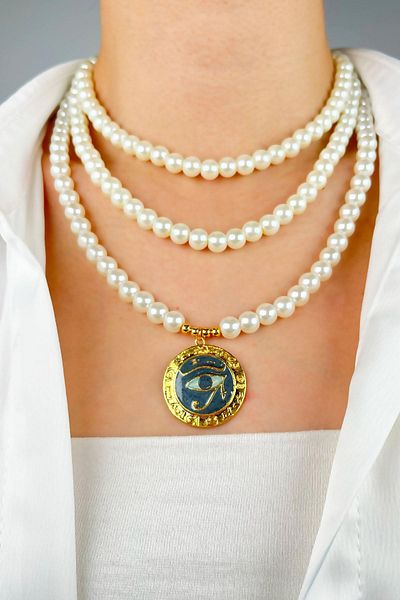 Sose Moda Gold Eye of Ra Necklace with Pearls