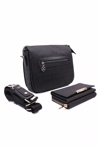 GALB LEATHER Medium Size Vegan Economic a Quality Women's Shoulder Bag - Black Color with Wallet
