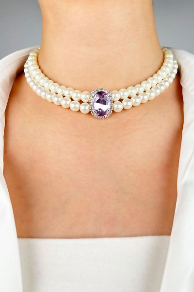 Sose Moda Purple Crystal Pointed Pearl Choker Necklace