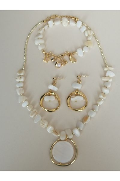 LemaStone Mother of Pearl and Hematite Natural Stone Necklace, Earrings Bracelet Set