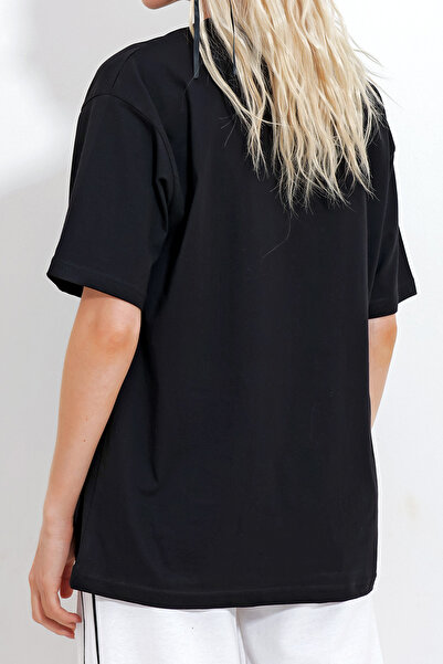 VAGGON Women's Black Crew Neck Stone Elephant Printed Oversize T-Shirt Prmx11968