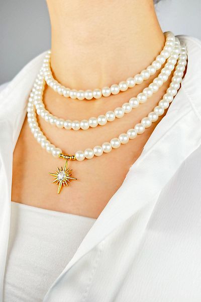 Sose Moda Three Rows Pearl Necklace with North Star Pendant