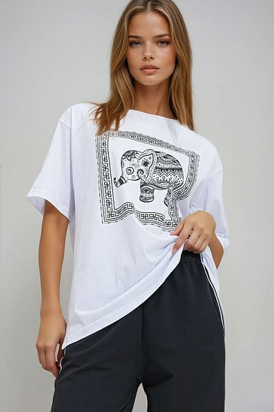 VAGGON Γυναικείο μπλουζάκι με λευκή λαιμόκοψη με πέτρα ελέφαντα με στάμπα μεγάλου μεγέθους Prmx11968