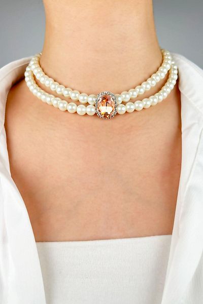 Sose Moda Orange Crystal End Pearl Choker Necklace