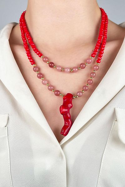 Sose Moda Coral Tipped Natural Stone Necklace in Two Rows - Red