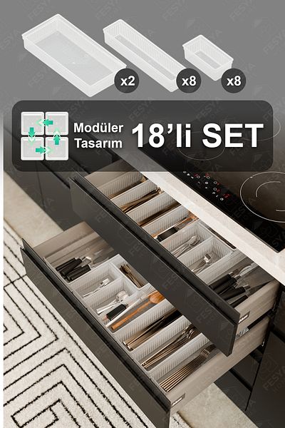 Fesya Home ORIGAMI 18 τεμαχίων Modular Spoon Fork Knife Drawer Organizer Εσωτερική οργάνωση - Διαφανές 8O-8B-2XL