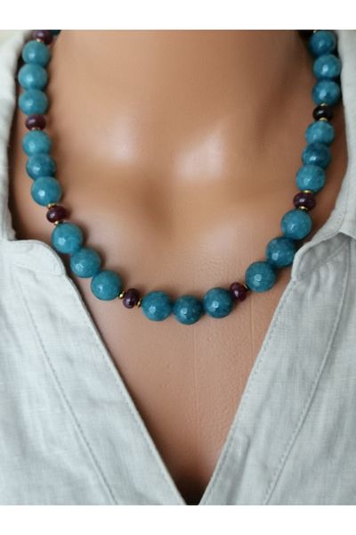 LemaStone Natural Stone Necklace,Bracelet Set (Blue Ceyt Quartz and Lal Garnet Stone)