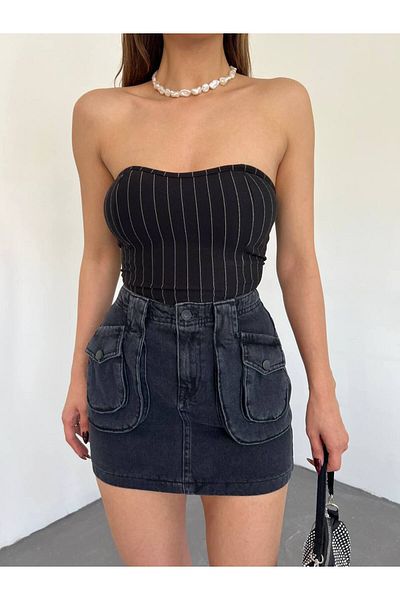 Fav Style Γυναικεία στράπλες ριγέ Crop Top Μπλούζα Μαύρη