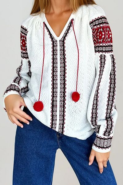 VAGGON Women's Red Ethnic Patterned Pompom Knitwear Sweater Prmx11001