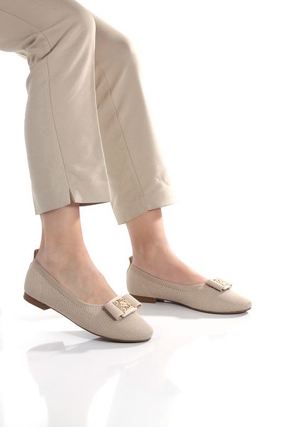 ZİESCE Women's Beige Knitwear Round Toe Buckle Detail Babet Shoes