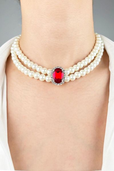 Sose Moda Crystal Tip Pearl Choker Necklace - Red