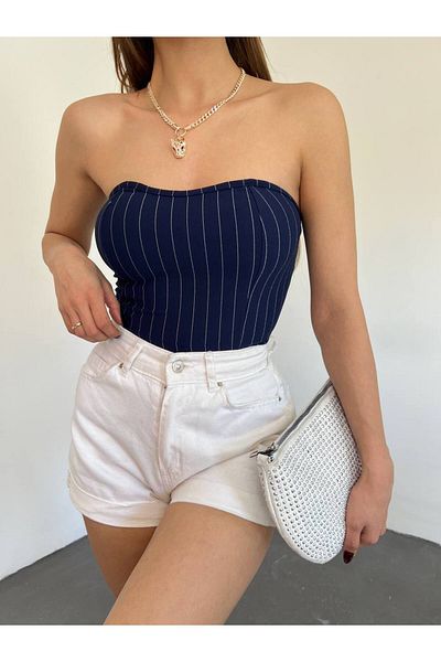 Fav Style Γυναικεία Στράπλες Ριγέ Crop Top Μπλούζα Navy Blue