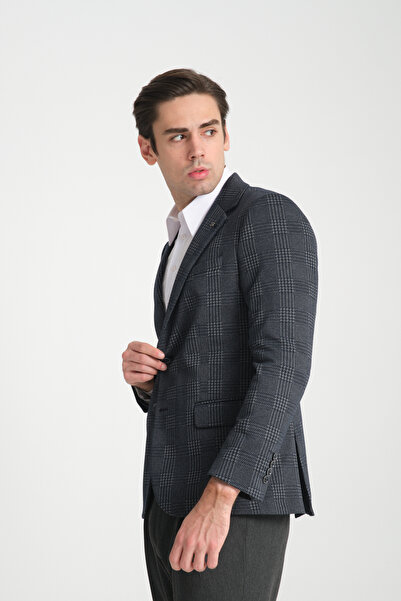Frappoli Eleventy Erkek Lacivert Likralı Pamuk Karışımlı Ekose Desenli Slim Fit Spor Blazer Ceket