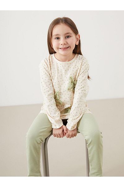 LC Waikiki Lcw Kids Ecru Crew Neck Butterfly Girls' T-Shirt and Leggings 2-Piece