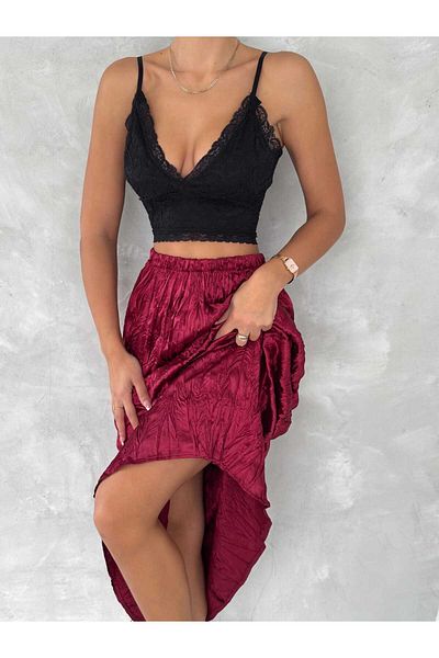 Butik Fusta lungă din satin pentru femei Merrline, roșu claret, 100% țesut premium, cu talie încrețită