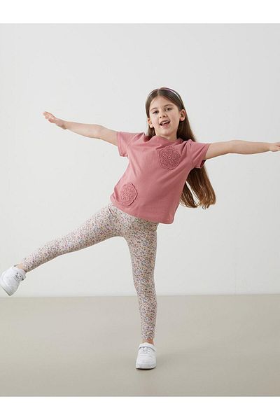 LC Waikiki Crew Neck Floral Girls' T-Shirts and Leggings 2-Piece