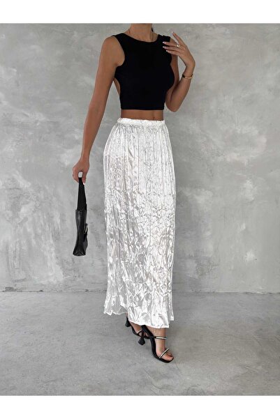 Butik Fusta lungă din satin pentru femei Merrline, albă, 100% țesut premium, cu talie încrețită