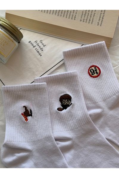 AYDK Harry Potter Embroidered Collectible Cotton White Summer Winter 3 Pairs Socks Set