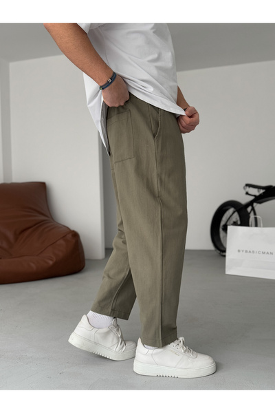 BYBASICMAN Haki Bol Kalıp Keten Pantolon JJ-181