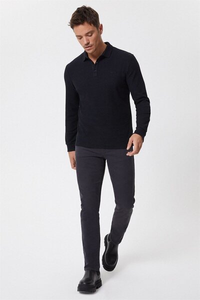 Lee Cooper تي شيرت تايلنز رجالي 100% قطن بياقة بولو وأكمام طويلة باللون الأسود