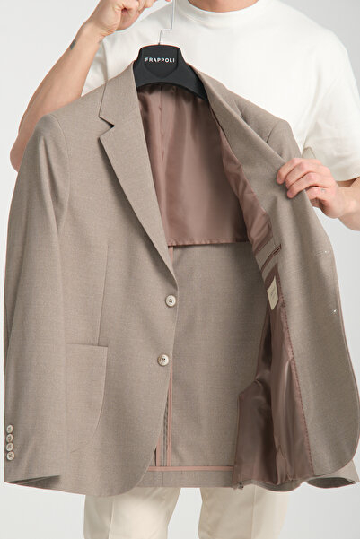 Frappoli Tadic Erkek Bej Desenli Esneyen Kumaş Slim Fit Torba Cepli Yarım Astar 4 Mevsim Blazer Ceket