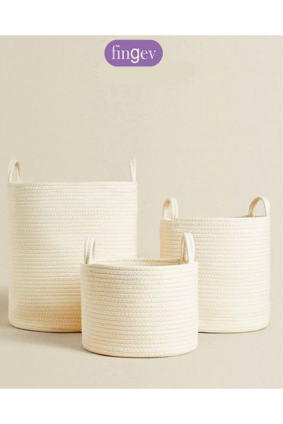FİNGEV Large and Stylish: 36X40 cm Ecru Jute Cotton Portable Multi-Purpose Basket