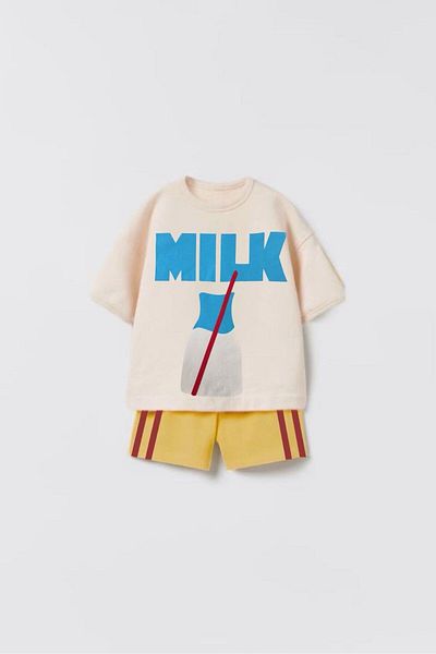 Magu Unisex Kids Milk Printed Cotton Short Sleeve T-Shirt and Shorts Set
