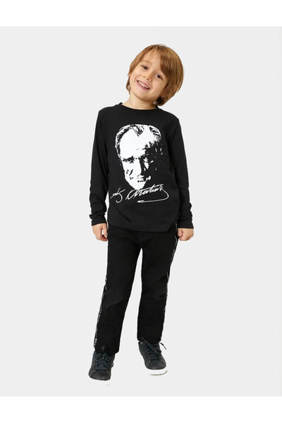 Genel Markalar Uzun Kollu Siyah Atatürk Tişört 10 Kasım Bayrak T-shört Baskılı