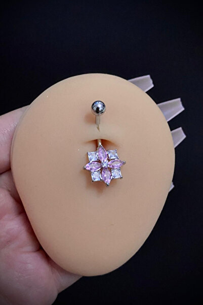 Blisse Piercing Kadın Cerrahi Çelik Çiçek Figürlü Pembe Taşlı Belly Göbek Pie...