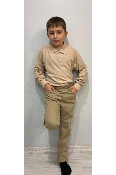 YCN TEKSTİL Tricou de școală unisex cu mânecă lungă, decolteu polo, culoare bej