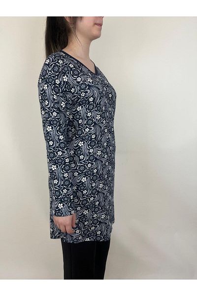 YAŞAR TRİKO Women's Navy Blue White V Neck Long Sleeve Suede Soft Fabric Tunic