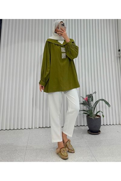 ANKA BOUTIQUE Tunic with Shawl Collar Front Stones