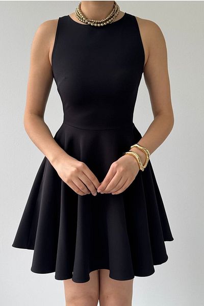 bayansepeti Rochie neagră Atlas Fabric cu buzunar dublu, fără mâneci, mini evazată 366