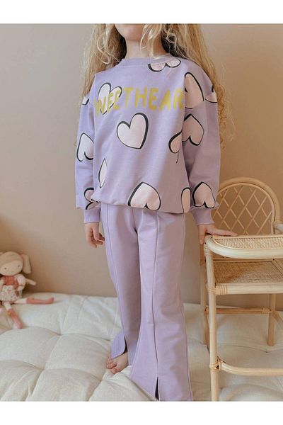 YİGİT BUTİK Yigit Butik Heart Printed Grass Stitched Spanish Leg Girl's Bottom Top Set