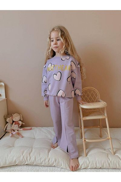 YİGİT BUTİK Yigit Butik Heart Printed Grass Stitched Spanish Leg Girl's Bottom Top Set