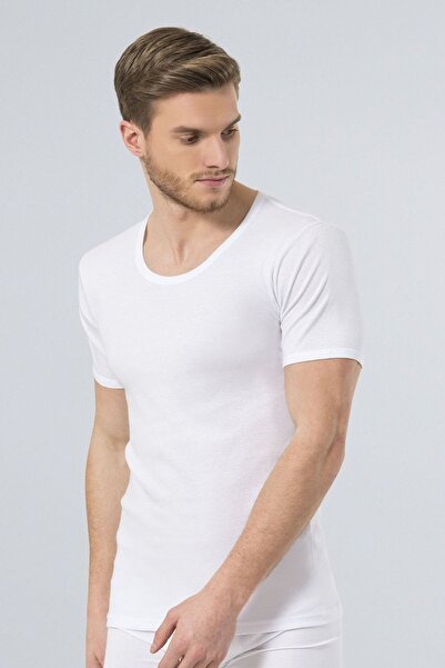 TÜREN 141 White Men's Ribbed O Neck Open Undershirt