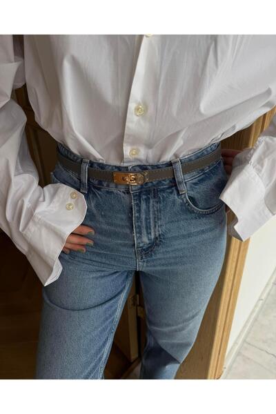 Tina İstanbul Gold Kilit Tokalı Dikişli Kemer 2cm Gri