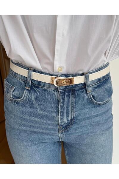 Tina İstanbul Curea albă cusută de 2 cm cu cataramă de blocare aurie