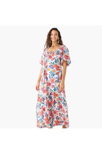 FAV Floral Print A-line Maxi Dress with Short Sleeves