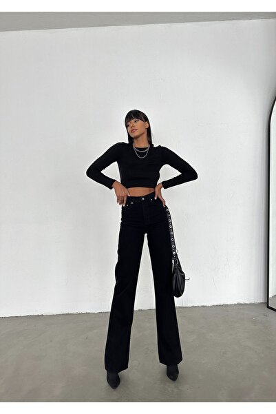 ByCukurovaFrango BY-1594 90's Μαύρο ελαστικό ύφασμα Ψηλόμεσο Palazzo Loose Je...